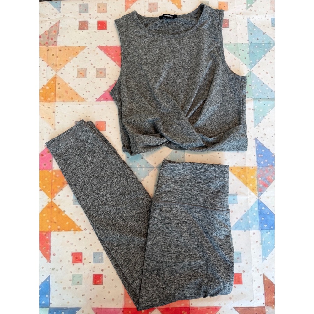 Zobha Womens 2 Piece Activewear Set Gray Space Dye Twist Crop Top Leggings L